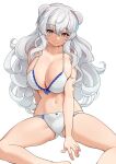  1girl ajidot alternate_eye_color animal_ears arknights bare_arms bare_shoulders bear_ears bikini commentary_request grey_eyes highres long_hair navel rosa_(arknights) simple_background sitting solo stomach swimsuit thighs very_long_hair white_background white_bikini white_hair 