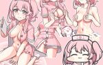  1girl blue_archive blush breasts buttons closed_mouth collarbone groin halo hat jazz_jack medium_breasts multiple_views navel nurse_cap one_side_up open_clothes pink_eyes pink_hair pink_headwear serina_(blue_archive) short_hair short_sleeves yellow_halo 