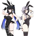  2girls absurdres animal_ears asymmetrical_legwear between_breasts black_gloves black_hair black_leotard black_nails blue_hair bow bowtie breasts cleavage colored_inner_hair cowboy_shot detached_collar fake_animal_ears from_side garter_straps gloves grin hand_on_own_hip highres hololive hololive_english horns large_breasts leotard long_hair looking_at_viewer mole mole_under_eye multicolored_hair multiple_girls nerissa_ravencroft okunin playboy_bunny rabbit_ears rabbit_tail red_eyes shiori_novella simple_background single_leg_pantyhose skindentation smile split-color_hair standing tail thigh_strap thighhighs twintails v virtual_youtuber white_background wrist_cuffs yellow_eyes yorick_(shiori_novella) 