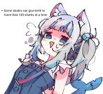  1girl animal_ear_fluff animal_ears blue_eyes blue_hair blue_skirt blunt_bangs blush buttons cat_ears commentary dice_hair_ornament dutch_angle empty_eyes english_commentary english_text fins fish_tail flying_sweatdrops frilled_sleeves frills gawr_gura gawr_gura_(2nd_costume) grey_hair hair_ornament highres hololive hololive_english kemonomimi_mode koyoinacho looking_at_viewer medium_hair multicolored_hair official_alternate_costume one_side_up open_mouth shaded_face shark_girl shark_tail shirt short_sleeves sidelocks simple_background skirt skirt_set solo streaked_hair suspenders sweatdrop tail triangle_mouth upper_body virtual_youtuber white_background white_shirt 