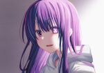  1girl absurdres aro_1801 blush commentary gradient_background hair_between_eyes highres hood hoodie hoshino_ai_(oshi_no_ko) long_hair looking_at_viewer mismatched_pupils multicolored_hair open_mouth oshi_no_ko pink_hair purple_eyes purple_hair shade sidelighting sidelocks solo star-shaped_pupils star_(symbol) streaked_hair symbol-shaped_pupils teeth twitter_username upper_body upper_teeth_only white_hoodie 