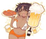  alcohol amai_umimaru_(artist) areola_slip beer beer_mug bikini bikini_top_only black_nails blush bon_(vtuber) breasts brown_hair closed_eyes cup dark-skinned_female dark_skin ear_piercing earrings fried_chicken highres holding holding_cup holding_plate indie_virtual_youtuber jewelry large_breasts micro_shorts mug navel orange_outline orange_shorts piercing plate short_hair shorts swimsuit virtual_youtuber 