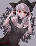  1girl animal_ears arknights bare_shoulders black_headwear breasts cleavage collar commentary_request fox_ears frostleaf_(arknights) grey_background grey_collar grey_hair grey_shirt hands_up headphones highres long_hair looking_at_viewer off-shoulder_shirt off_shoulder oripathy_lesion_(arknights) parted_lips red_eyes ryouki_(34388923) shirt short_sleeves solo upper_body 