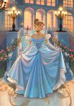  1girl aristocratic_clothes artist_name black_choker blonde_hair blue_dress blue_eyes choker cinderella cinderella_(disney) dress earrings elbow_gloves european_architecture gloves highres jewelry lamp looking_to_the_side night outdoors signature solo_focus strapless strapless_dress toshiasan updo white_gloves 
