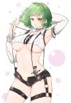  1girl :o arm_behind_head arm_belt armpits bare_shoulders belt belt_buckle black_belt body_blush breasts bubble bubble_background buckle center_frills choker collar collarbone collared_shirt covered_nipples crop_top detached_sleeves earrings frilled_shirt frills green_hair groin hikage_(senran_kagura) hip_tattoo jewelry lace lace-trimmed_sleeves lace_trim large_breasts looking_at_viewer mzknk0313 navel o-ring o-ring_thigh_strap open_fly open_mouth pants pink_background revealing_clothes senran_kagura senran_kagura_new_link senran_kagura_shoujo-tachi_no_shin&#039;ei shiny_skin shirt short_hair short_shorts shorts skindentation slit_pupils snake_tattoo solo standing suspender_shorts suspenders suspenders_pull tattoo thigh_belt thigh_strap thighs torn_clothes torn_pants torn_shorts two-tone_background underboob v white_background yellow_eyes 