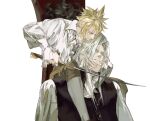  2boys alternate_costume black_vest blonde_hair blue_eyes brown_shorts buttons chair closed_eyes cloud_strife collared_shirt final_fantasy final_fantasy_vii frilled_shirt frilled_shirt_collar frills hand_on_another&#039;s_chin highres holding holding_another&#039;s_head holding_sword holding_weapon imminent_injury implied_yaoi leg_on_another&#039;s_shoulder leggings long_hair long_sleeves looking_down looking_up male_focus multiple_boys on_chair parted_lips puffy_long_sleeves puffy_sleeves sephiroth shirt short_hair shorts simple_background sitting spiked_hair sword sword_to_throat vest victorian weapon white_background white_hair white_leggings white_shirt xscr1205 