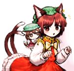  1girl :o animal_ear_fluff animal_ear_piercing animal_ears bow bowtie brown_eyes brown_hair cat_ears cat_tail character_doll chen clenched_hands commentary_request dress earrings eyebrows_hidden_by_hair flat_chest fumo_(doll) gold_trim green_headwear hands_up hat highres jewelry long_sleeves looking_to_the_side mob_cap multiple_tails natucurage nekomata notice_lines open_mouth paw_pose petite petticoat puffy_long_sleeves puffy_sleeves red_dress short_hair simple_background single_earring solo tail touhou two_tails white_background white_bow white_bowtie 