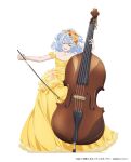  1girl alternate_costume anya_dostoyevskaya aria bare_shoulders bow_(music) closed_eyes copyright copyright_name dated double_bass dress flower full_body grey_hair hair_flower hair_ornament highres holding holding_instrument instrument medium_hair music off-shoulder_dress off_shoulder official_art open_mouth playing_instrument simple_background solo standing white_background yellow_dress 