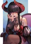  1girl black_hair black_thighhighs blunt_bangs breast_tattoo breasts chest_tattoo crossed_legs demon_horns detached_sleeves eliza_(tekken) head_rest hinoru_saikusa horns large_breasts long_hair looking_at_viewer neck_tattoo open_mouth sitting solo tattoo tekken thighhighs yellow_eyes 