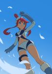  1girl arm_up blue_eyes blue_footwear blue_gloves blue_jacket blue_shorts boots commentary_request cropped_jacket day feathers from_below gloves hair_ornament highres ia_(ilwmael9) jacket knees one_side_up outdoors pokemon pokemon_(game) pokemon_bw red_hair short_hair_with_long_locks short_shorts shorts sidelocks sky skyla_(pokemon) smile solo thigh_pouch 