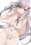  1girl alternate_costume arm_behind_back ass_visible_through_thighs azur_lane between_breasts breasts butterfly_hair_ornament choker cleavage commission cosplay cowboy_shot crotchless crotchless_pantyhose dunkerque_(azur_lane) dutch_angle grey_hair hair_ornament hand_up highres le_malin_(azur_lane) le_malin_(azur_lane)_(cosplay) le_malin_(listless_lapin)_(azur_lane) leotard long_hair marekamico o-ring o-ring_choker pantyhose skeb_commission strap_between_breasts thigh_gap thighs white_background white_leotard white_pantyhose white_wrist_cuffs wrist_cuffs 