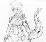  alternate_body_type alternate_hairstyle anthro armor body_armor breasts dinosaur eyewear female goggles goodbye_volcano_high gun hair hi_res holding_gun holding_object holding_weapon long_tail minabaudelair monochrome narrowed_eyes ornithischian ranged_weapon reptile scalie science_fiction short_hair simple_background snoot_game snout solo spiked_tail spikes spikes_(anatomy) stegosaurian stegosaurus stella_(gvh) tail thyreophoran weapon 