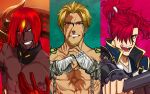  3boys abs armpits ashwatthama_(fate) bandaged_hand bandages beard beowulf_(fate) blonde_hair chain collarbone dark-skinned_male dark_skin facial_hair fate/grand_order fate_(series) fingerless_gloves fist_in_hand gloves grin hair_over_one_eye highres holding holding_weapon male_focus mori_nagayoshi_(fate) multiple_boys muscular muscular_male nipples open_mouth red_eyes red_hair rupoipo scar scar_on_chest sharp_teeth short_hair shoulder_tattoo smile split_screen tattoo teeth topknot topless_male weapon yellow_eyes 