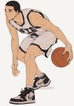  1boy ball basketball basketball_(object) basketball_jersey basketball_uniform black_hair buzz_cut dribbling_(basketball) full_body grey_background grey_eyes holding holding_ball jersey kukig8765 male_focus sawakita_eiji shoes short_hair shorts slam_dunk_(series) sneakers solo sportswear tank_top toned toned_male two-tone_footwear very_short_hair white_shorts white_tank_top 