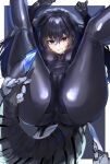  absurdres ass black_bodysuit black_hair blue_eyes blue_hair blush bodysuit breasts clenched_teeth covered_navel from_above hair_between_eyes highres holding holding_another&#039;s_tail holding_knife knife large_breasts latex latex_bodysuit long_hair looking_at_viewer original retasu_(lactuca810) shiny_clothes tail teeth thick_thighs thighs top-down_bottom-up 