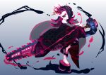  1girl black_hair commentary_request eyeliner gradient_background grey_background hair_over_one_eye highres holding holding_sword holding_weapon japanese_clothes kiss_my_eyelidz makeup oversized_footwear paint sandals shiver_(splatoon) solo splatana_stamper_(splatoon) splatoon_(series) splatoon_3 sword tentacle_hair weapon 