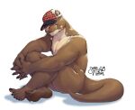  2023 anthro barefoot brown_body clothing crossed_legs digital_media_(artwork) feet furry-specific_brand giant_otter hat hat_only hat_over_eyes headgear headgear_only headwear headwear_only hi_res humanoid_feet humanoid_hands lars_(rudderbutts) male mammal mostly_nude muscular muscular_anthro muscular_male mustelid otter pinup plantigrade pose river_otter rudderbutts simple_background sitting skrawl solo spots tail thick_tail whiskers white_background 