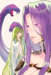 1girl 1other breasts cleavage enkidu_(fate) fate/grand_order fate_(series) giant giantess gorgon_(fate) green_hair hand_up highres kingu_(fate) large_breasts long_hair long_sleeves looking_at_another medusa_(fate) nuso open_mouth parted_bangs purple_hair robe scales simple_background size_difference smile snake_hair twitter_username very_long_hair white_background white_robe wide_sleeves 