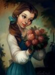  1girl artist_name beauty_and_the_beast belle_(disney) blue_bow blue_dress bouquet bow brown_eyes brown_hair dress european_clothes flower hair_bow holding holding_bouquet loish shirt solo watermark white_shirt 
