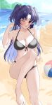  1girl ball bare_legs bare_shoulders barefoot beach beachball bikini black_bikini blue_archive blush breasts cleavage cloud collarbone day hair_between_eyes halterneck highres large_breasts long_hair looking_at_viewer navel ocean one_eye_closed open_mouth outdoors purple_eyes purple_hair ribbon sakasa._(sakasailst) sand sand_castle sand_sculpture sitting sky solo string_bikini swimsuit thighs twintails two_side_up water yuuka_(blue_archive) 