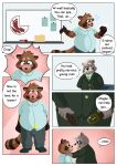  absurd_res age_difference anthro anthro_on_anthro brown_body brown_fur canid canine clothed clothing comic digital_media_(artwork) duo embarrassed english_text erection erection_under_clothing eyewear facial_hair fur glasses hi_res male male/male mammal necktie office overweight overweight_male procyonid raccoon raccoon_dog siblu sibluself simple_background suit tanuki text undressing younger_male 