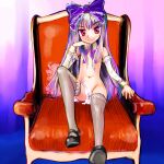  1girl 3.1-tan armchair black_footwear bow chair closed_mouth detached_collar detached_sleeves fang fang_out flat_chest grey_thighhighs hand_up highres light_purple_hair long_hair long_sleeves mary_janes navel os-tan partially_undressed purple_bow red_eyes shoes sitting smile solo split_mouth thighhighs tsukiyono_aroe tsurime very_long_hair white_sleeves 