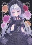  1girl black_background flower frills gothic_lolita grey_eyes grey_hair hairband highres lolita_fashion long_hair orange_flower original pink_flower puu_(kari---ume) red_flower 