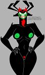  2023 absurd_res aku beard breasts crossgender curvy_figure demon facial_hair fangs female front_view genitals green_nipples green_pussy grin hands_on_hips hi_res hourglass_figure humanoid looking_at_viewer mtf_crossgender nipples not_furry portrait pubes pussy red_pubes samurai_jack smile solo surrealatorium teeth three-quarter_portrait 