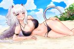  1girl absurdres arm_belt beach bikini black_bikini blue_sky blush closed_mouth cloud cloudy_sky cross cross_necklace day demon_girl demon_horns demon_tail highres horns indie_virtual_youtuber jewelry long_hair lucy_pyre lying meisaki multiple_hairpins navel necklace on_side outdoors red_eyes sand sky smile solo swimsuit tail tree virtual_youtuber 