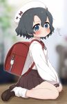  1girl :t backpack bag beret black_hair blue_eyes blush bow bowtie brown_footwear brown_skirt collared_shirt hair_between_eyes hat highres kaban_(kemono_friends) kemono_friends loafers long_sleeves looking_at_viewer loose_socks pleated_skirt pout puffy_sleeves randoseru ransusan red_bag red_bow red_bowtie school_uniform shirt shoes short_hair sidelocks sitting skirt socks solo sweater wariza white_headwear white_shirt white_sweater 