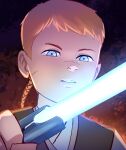  1boy animification blue_eyes blue_lightsaber brown_robe cal_kestis child close-up commentary energy_sword english_commentary highres holding holding_lightsaber holding_weapon jedi lightsaber looking_at_object orange_hair ottertheauthor robe short_hair solo star_wars_jedi:_fallen_order sword teeth weapon 