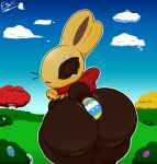  ambiguous_gender anthro bell bell_collar big_butt brown_body butt candy chocolate collar dessert easter easter_egg electricsnowfox food food_creature hi_res holidays lagomorph leporid mammal outside presenting presenting_hindquarters rabbit solo standing 
