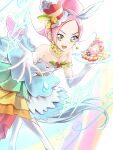 1girl blue_hairband butterfly_brooch clear_glass_(mildmild1311) collarbone cure_parfait dress earrings elbow_gloves food food-themed_hair_ornament fruit gloves green_eyes hair_ornament hairband highres jewelry kirahoshi_ciel kirakira_precure_a_la_mode long_hair looking_at_viewer magical_girl multicolored_background open_mouth orange_(fruit) orange_slice parfait pink_hair pom_pom_(clothes) pom_pom_earrings precure rainbow_order smile solo sparkle tray white_gloves white_wings wide_ponytail wings 