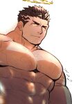  1boy bara black_hair bodysuit covered_abs dated facial_hair flaming_halo frown glowing glowing_eyes halo large_pectorals looking_at_viewer male_focus mature_male muscular muscular_male pectorals po_fu short_hair solo stubble tokyo_afterschool_summoners upper_body zabaniyya_(housamo) 