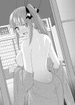  1girl absurdres architecture ass back bare_back bare_shoulders black_ribbon blush breasts butt_crack butterfly_hair_ornament east_asian_architecture from_behind go-toubun_no_hanayome greyscale hair_ornament hair_ribbon highres indoors japanese_clothes kimono kimono_pull kosmos_beta large_breasts looking_at_viewer looking_back medium_hair monochrome nakano_nino nape nipples open_mouth ponytail ribbon shouji sliding_doors solo topless 
