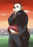  2023 anthro bear belly big_belly black_body black_nose blood bodily_fluids bottomwear clothing cloud giant_panda hi_res humanoid_hands kemono male mammal o_hashi2020 outside overweight overweight_male pants shirt solo topwear white_body 