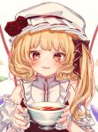  1girl adapted_costume bare_shoulders blush crystal cup detached_sleeves fingernails flandre_scarlet flower hat hat_flower holding holding_cup looking_at_viewer medium_hair mob_cap mokokiyo_(asaddr) one_side_up red_eyes red_flower red_rose rose simple_background smile solo tea teeth touhou two-handed upper_body upper_teeth_only white_background wings 