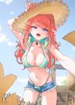  1girl bikini bikini_under_clothes bird breasts chicken choker cleavage cloud day earrings feather_earrings feathers green_bikini gurumie halterneck hat highleg highleg_bikini highres hololive hololive_english jewelry kotori_(takanashi_kiara) long_hair looking_at_viewer multicolored_hair open_mouth outdoors sky solo straw_hat streaked_hair string_bikini sweat swimsuit takanashi_kiara takanashi_kiara_(2nd_costume) virtual_youtuber 