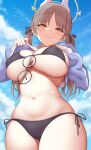  1girl bikini black_bikini blue_archive blue_sky breasts brown_eyes brown_hair closed_mouth clothes_lift cloud day eyewear_hang eyewear_removed glasses halo highres large_breasts lifted_by_self long_hair looking_at_viewer moe_(blue_archive) moe_(swimsuit)_(blue_archive) navel outdoors raised_eyebrows side-tie_bikini_bottom sky smile solo stomach sweater sweater_lift swimsuit twintails yasojima_nejiro 