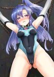  1girl absurdres armpits arms_up ass_visible_through_thighs blue_eyes blue_hair blush breasts cameltoe chain covered_nipples elbow_gloves gloves highres kazanari_tsubasa koju511 long_hair nose_blush open_mouth ponytail pussy_juice restrained senki_zesshou_symphogear skin_tight solo 