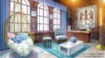  banner blue_carpet blue_flower carpet curtains flower hanging_chair indoors no_humans ono_tomohiro original picture_frame scenery stone_wall table vase wall window 