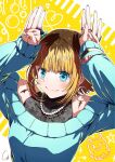  1girl 4b-enpitsu bead_necklace beads blonde_hair blue_sweater blush character_signature closed_mouth commentary earrings fang highres jewelry memcho multiple_rings necklace off-shoulder_sweater off_shoulder oshi_no_ko ring short_hair sidelocks signature solo sweater 