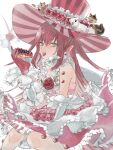  1girl bare_shoulders blue_eyes cake cake_slice detached_sleeves dragon_tail dress dress_flower earrings elizabeth_bathory_(fate) elizabeth_bathory_(fate/extra_ccc) elizabeth_bathory_(third_ascension)_(fate) emasrrkn fangs fate/extra fate/extra_ccc fate/grand_order fate_(series) flower food hat hat_flower highres holding jewelry long_hair looking_at_viewer open_mouth pink_dress pointy_ears red_hair rose sketch solo striped striped_headwear stuffed_animal stuffed_pig stuffed_squirrel stuffed_toy tail tail_flower tail_ornament teeth top_hat vertical-striped_headwear vertical_stripes white_background 