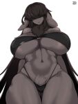  2022 3:4 absurd_res anthro areola big_breasts bikini bikini_bottom bikini_top black_body black_fur black_hair bovid breasts butt_from_the_front caprine clothed clothing female fur hair hair_over_eyes hi_res huge_breasts long_hair mammal navel pubes sheep simple_background solo swimwear taphris thick_thighs white_background wool_(fur) 