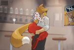  anthro askart bar bottomwear breasts brown_body brown_fur canid canine clothed clothing clown clown_costume clown_shoes dipstick_tail duo female fluffy fluffy_tail fox fully_clothed fur glass hi_res human human_on_anthro interspecies kissing male male/female mammal markings pants sex shirt side_boob stand_and_carry_position standing standing_sex suspenders tail tail_markings topwear 