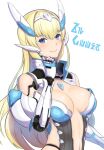  blonde_hair blue_eyes breasts cleavage cyborg di_allez_series hairband headgear index_finger_raised joints looking_at_viewer mecha_musume medium_breasts navel phantasy_star phantasy_star_online_2 phantasy_star_online_2_new_genesis robot_joints smile upper_body user_zcet3538 