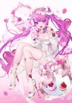  1girl breasts cake cleavage dress food frills hair_ornament hairclip hands_up heart high_heels highres large_breasts long_hair long_sleeves looking_at_viewer natsuiro_xx open_mouth original pink_theme purple_eyes purple_hair short_dress sideless_outfit sidelocks smile socks solo spaghetti_strap teapot thighlet thighs tiara tongue tongue_out twintails very_long_hair white_dress white_footwear white_socks 
