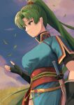  1girl black_gloves blue_dress blue_sky breasts closed_mouth cloud dress earrings fingerless_gloves fire_emblem fire_emblem:_the_blazing_blade gloves green_eyes green_hair hair_intakes high_collar high_ponytail highres jewelry katana labebebe_lee long_hair lyn_(fire_emblem) medium_breasts outdoors ponytail red_sash sash short_sleeves sky smile solo sword turtleneck very_long_hair weapon 