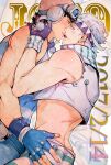  2boys aviator_cap battle_tendency black_hair caesar_anthonio_zeppeli cropped_vest dated facial_mark feather_hair_ornament feathers fingerless_gloves gloves hair_ornament hands_on_another&#039;s_cheeks hands_on_another&#039;s_face hands_on_another&#039;s_hips hatoyama_itsuru headband imminent_kiss jojo_no_kimyou_na_bouken jojonium joseph_joestar joseph_joestar_(young) male_focus midriff multiple_boys panties shirt striped striped_panties striped_shirt triangle_print underwear vest white_hair yaoi 