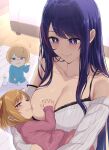  1boy 2girls absurdres baby baby_carry bare_shoulders blonde_hair blue_eyes blush bob_cut bottle bra breast_sucking breastfeeding breasts carrying cleavage collarbone hair_between_eyes highres holding_baby hoshino_ai_(oshi_no_ko) hoshino_aquamarine hoshino_ruby lace-trimmed_bra lace_trim large_breasts long_hair long_sleeves looking_at_viewer micchan_(micchanmeido) middle_finger milk milk_bottle multicolored_hair multiple_girls off-shoulder_sweater off_shoulder oshi_no_ko pink_eyes purple_eyes purple_hair short_hair siblings smile smug star-shaped_pupils star_(symbol) star_in_eye sweater symbol-shaped_pupils symbol_in_eye underwear 